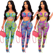 Ropa de mujer Conjunto de dos piezas de top de tubo estampado y pantalones de encaje de primavera/verano