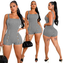 Women's Clothing Sexy Tight Fashion Houndstooth Print One Piece Rompers