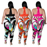 Sexy Plus Size Women's Clothing Bandage Print Halter Fashion Print Pants Set