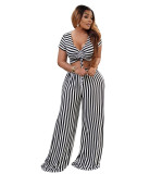 women's two-piece striped print two-piece short-sleeved v-neck loose spring and summer