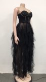 fashion solid color beaded tube top fluffy mesh dress women