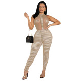 Women spring and summer nightclub sleeveless houndstooth knitted threaded see-through jumpsuit