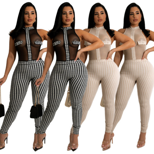 Women spring and summer nightclub sleeveless houndstooth knitted threaded see-through jumpsuit