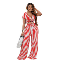 women's two-piece striped print two-piece short-sleeved v-neck loose spring and summer