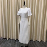 Women Summer White Modest V-neck Short Sleeves Solid Cascading Ruffle Maxi Dress