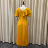 Women Summer Yellow Modest V-neck Short Sleeves Solid Cascading Ruffle Maxi Dress