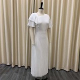 Women Summer White Modest V-neck Short Sleeves Solid Cascading Ruffle Maxi Dress
