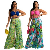 Women V-neck tube top and printed wide-leg trousers fashion casual women's suit two piece set