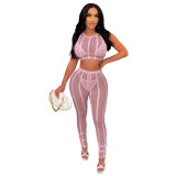 Women Sleeveless Character Mesh sleeveless crop top and pant two piece set