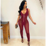 spring and summer solid color mesh patchwork sexy deep V hollow see through beaded zipper sleeveless jumpsuit