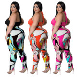 Sexy Plus Size Women's Clothing Bandage Print Halter Fashion Print Pants Set