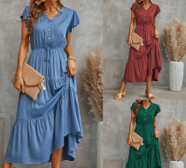 summer flying sleeve  long skirt women's clothing solid color V-neck dress cascading ruffles skirt