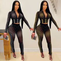 women's clothing fashion sexy tight-fitting mesh see-through long-sleeved beaded two-piece pants suit women