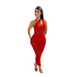 women's sexy solid color see-through mesh beach dress