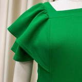 Women Summer Green Modest V-neck Short Sleeves Solid Cascading Ruffle Maxi Dress