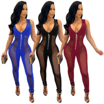 spring and summer solid color mesh patchwork sexy deep V hollow see through beaded zipper sleeveless jumpsuit