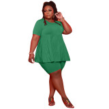 Fashion Plus Size Women's Pleated Solid Color Casual Sports Two Piece Shorts Set