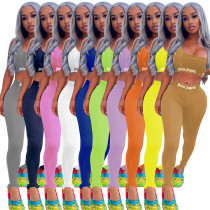 Women's Solid Color Fashion Letter Print Casual Tight Sports Two Piece Pants Set