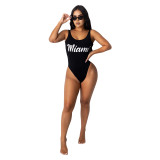 Women's Sexy Solid Letter Print Backless One Piece Swimsuit