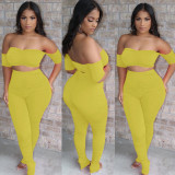Women's Fashion Sexy Tube Crop Top Ruched Fold Solid Color Two-piece Pants Set