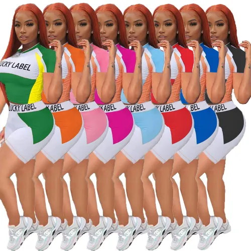 Women's Letter Colorblock Print Short Sleeve Shorts Tracksuit