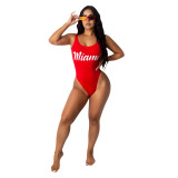 Women's Sexy Solid Letter Print Backless One Piece Swimsuit