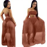 Women's pleated mesh see-through sexy strapless two-piece skirt set