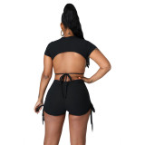 Women's Fashion Open Back Elastic Ribbed Strip Ruched Solid Color Two-piece Set
