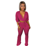 Women's Spring/Summer Solid Color Velvet Casual Two Piece Set