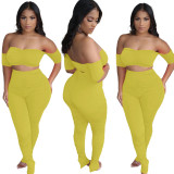 Women's Fashion Sexy Tube Crop Top Ruched Fold Solid Color Two-piece Pants Set