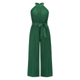 Sexy halter neck sleeveless pleated one-piece trousers summer women's lace-up slim pleated wide-leg pants