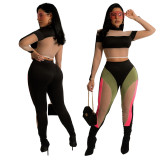 Leisure Sports Fitness Set See Through Contrast Color Fashion