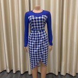 Women Summer Blue Modest O-Neck Full Sleeves Plaid Print Midi Asymmetrical Office Dress