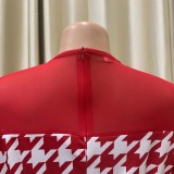 Women Summer Red Modest O-Neck Full Sleeves Plaid Print Midi Asymmetrical Office Dress