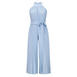 Sexy halter neck sleeveless pleated one-piece trousers summer women's lace-up slim pleated wide-leg pants