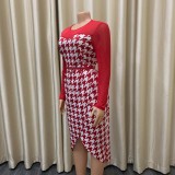 Women Summer Red Modest O-Neck Full Sleeves Plaid Print Midi Asymmetrical Office Dress