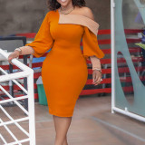 Color-blocking bodycon off-the-shoulder puff sleeves temperament slim plus size dress