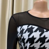 Women Summer Black Modest O-Neck Full Sleeves Plaid Print Midi Asymmetrical Office Dress