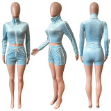 Women's Side stripes Zip Slim Fit Long Sleeve Crop Top Shorts Two-Piece Set
