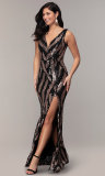 summer women black sequin sleeveless v-neck slit formal evening dress