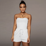 Summer Women Ribbed Bandeau One Piece Bodysuit And Shorts Two-Piece Set