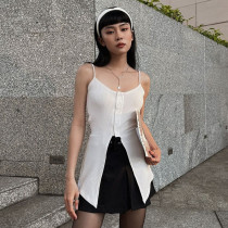 Women Summer Solid Color One-Neck Cardigan Sling Sleeveless Tank Top
