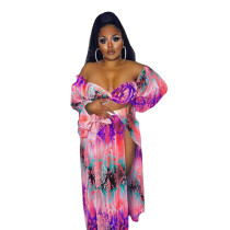 Women Sexy Off Shoulder Long Sleeve Sexy Print Top And Slit Dress Two Piece Set