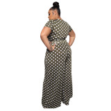 Plus Size Summer Women Fashion Polka Dot Print Short Sleeve Top And Pant Two-Piece Set