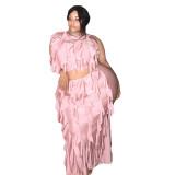 Plus Size Women Sleeveless Fringe Solid Color Sexy Top And Long Dress Two Piece Set
