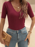 Summer V-Neck Knit Fit Solid Color Women Top