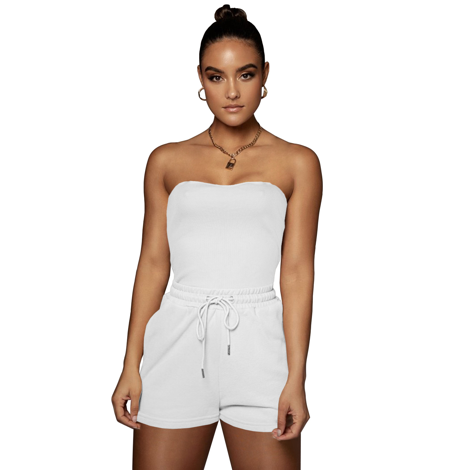 Summer Women Ribbed Bandeau One Piece Bodysuit And Shorts Two