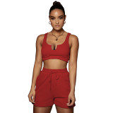 Women Summer Yoga Wear  Multicolor Solid U-Neck Top And Shorts Two-Piece Set