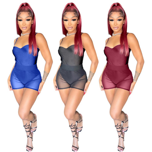 Women Summer Sexy Bodysuit And Mesh Shorts Two-Piece Set