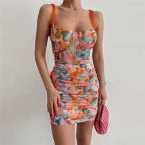 Sommer-Frauen-Hosenträger-rückenfreies Mode-Druck-figurbetontes Kleid